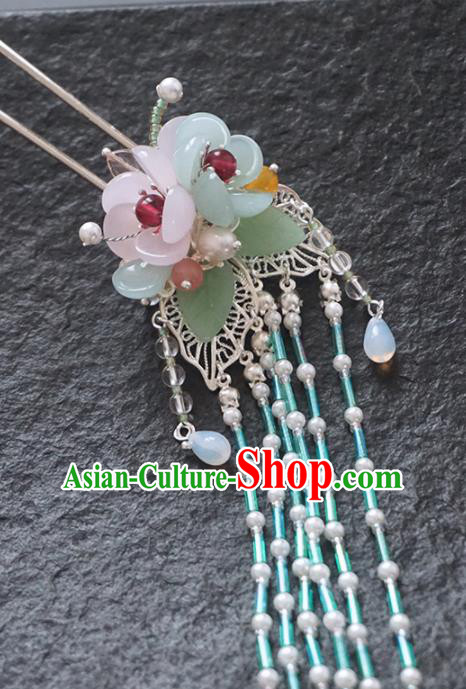 Chinese Ancient Princess Blue Beads Tassel Hairpins Traditional Handmade Hanfu Hair Accessories for Women