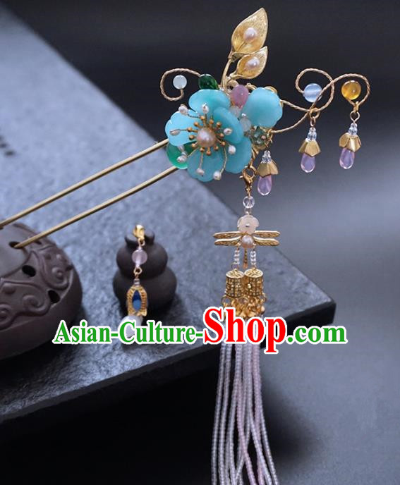 Chinese Ancient Princess Blue Plum Tassel Hairpins Traditional Handmade Hanfu Hair Accessories for Women