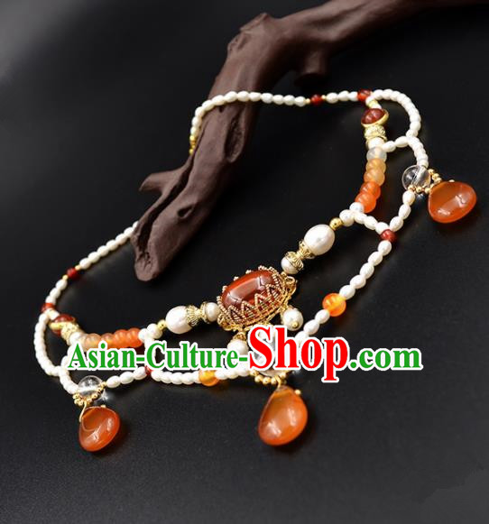 Chinese Ancient Court Wedding Agate Pearls Necklace Traditional Princess Hanfu Necklet Accessories for Women