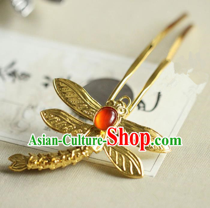 Chinese Ancient Princess Golden Dragonfly Hairpins Traditional Handmade Hanfu Hair Accessories for Women