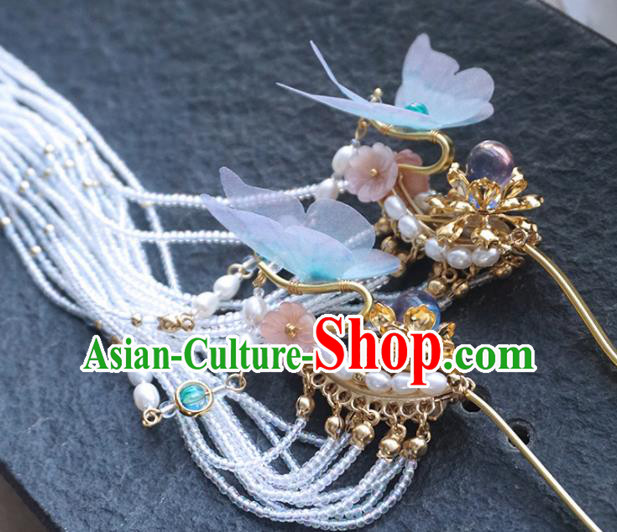 Chinese Ancient Princess Lotus Hair Crown Tassel Hairpins Traditional Handmade Hanfu Hair Accessories for Women