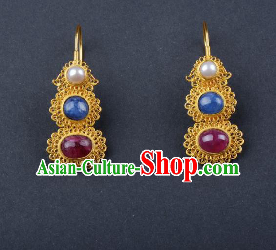 Chinese Ancient Court Golden Gem Earrings Traditional Princess Hanfu Wedding Ear Accessories for Women