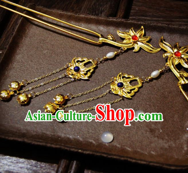 Ancient Chinese Ming Dynasty Empress Golden Lotus Tassel Hairpins Traditional Hanfu Court Hair Accessories for Women