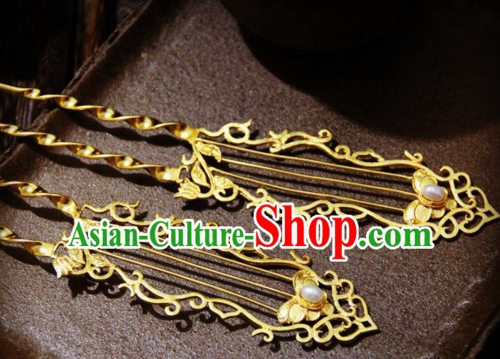 Ancient Chinese Ming Dynasty Princess Pearl Golden Hairpins Traditional Hanfu Court Hair Accessories for Women