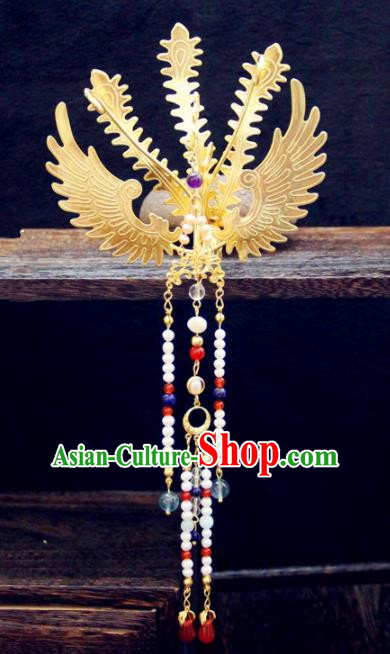 Ancient Chinese Ming Dynasty Princess Golden Hairpins Phoenix Tassel Step Shake Traditional Hanfu Court Hair Accessories for Women