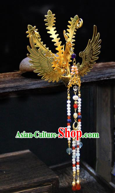 Ancient Chinese Ming Dynasty Princess Golden Hairpins Phoenix Tassel Step Shake Traditional Hanfu Court Hair Accessories for Women