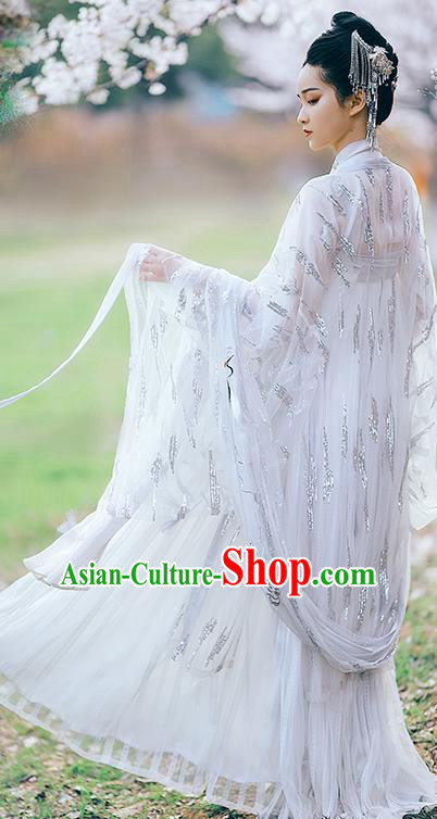 Traditional Chinese Tang Dynasty Imperial Consort White Hanfu Dress Ancient Flower Goddess Replica Costumes for Women