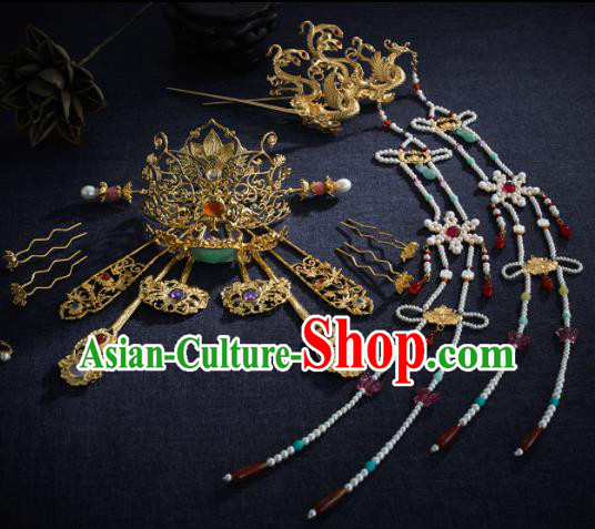 Ancient Chinese Ming Dynasty Lotus Hair Crown Tassel Hairpins Traditional Hanfu Court Hair Accessories Complete Set for Women