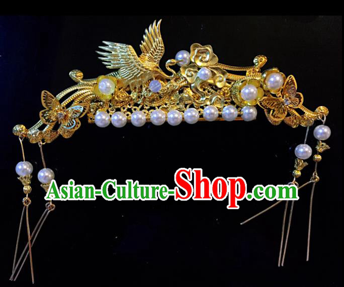 Chinese Ancient Princess Golden Crane Tassel Hair Comb Hairpins Traditional Handmade Hanfu Hair Accessories for Women