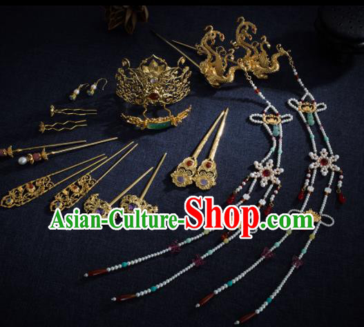Ancient Chinese Ming Dynasty Lotus Hair Crown Tassel Hairpins Traditional Hanfu Court Hair Accessories Complete Set for Women