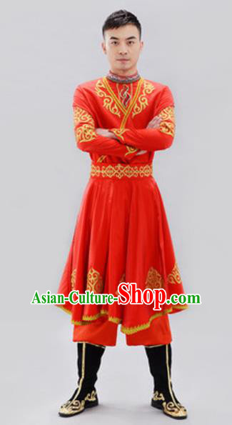 Traditional Chinese Uyghur Nationality Group Dance Costume Chinese Uigurian Minority Red Clothing for Men