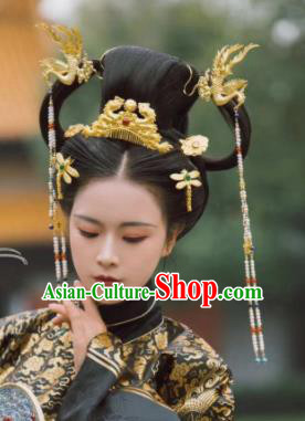 Ancient Chinese Ming Dynasty Queen Hair Crown Tassel Hairpins Traditional Hanfu Court Hair Accessories Complete Set for Women
