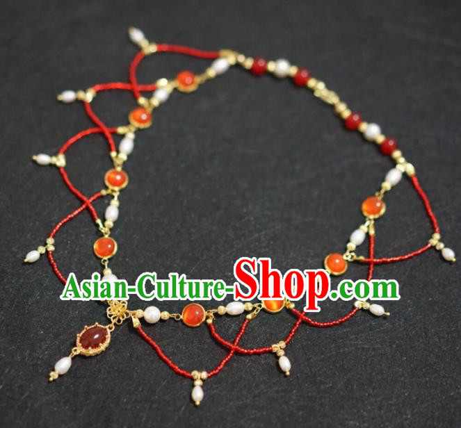 Chinese Ancient Court Wedding Red Beads Necklace Traditional Princess Hanfu Necklet Accessories for Women