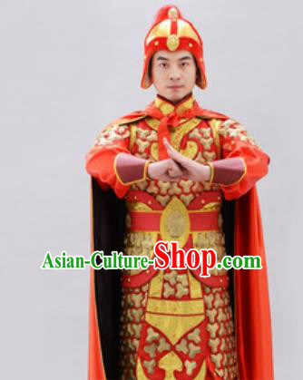 Traditional Chinese Ancient Drama Costumes Chinese Ming Dynasty Warrior Red Helmet and Armour for Men
