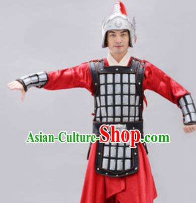 Traditional Chinese Han Dynasty Warrior Argent Helmet and Armour Ancient Drama General Costumes for Men