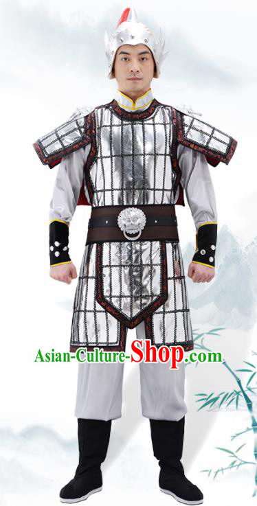 Traditional Chinese Tang Dynasty Warrior Argent Helmet and Armour Ancient Drama General Costumes for Men