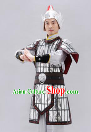 Traditional Chinese Tang Dynasty Warrior Argent Helmet and Armour Ancient Drama General Costumes for Men