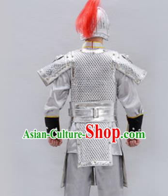 Traditional Chinese Han Dynasty Warrior Argent Helmet and Armour Ancient Drama General Costumes for Men