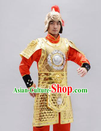 Traditional Chinese Han Dynasty Warrior Golden Helmet and Armour Ancient Drama General Costumes for Men