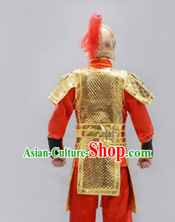 Traditional Chinese Han Dynasty Warrior Golden Helmet and Armour Ancient Drama General Costumes for Men