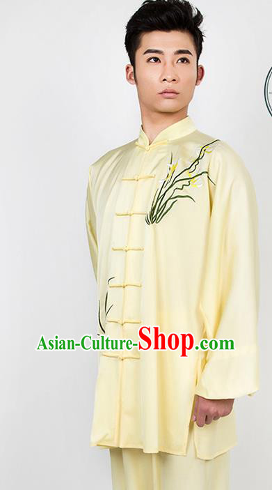 Chinese Traditional Martial Arts Competition Embroidered Orchid Yellow Costume Kung Fu Tai Chi Training Clothing for Men