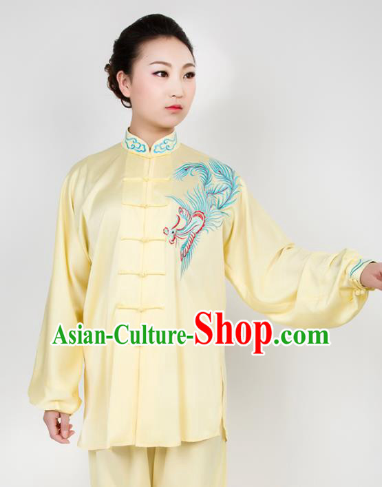 Chinese Traditional Martial Arts Embroidered Phoenix Yellow Costume Best Kung Fu Competition Tai Chi Training Clothing for Women