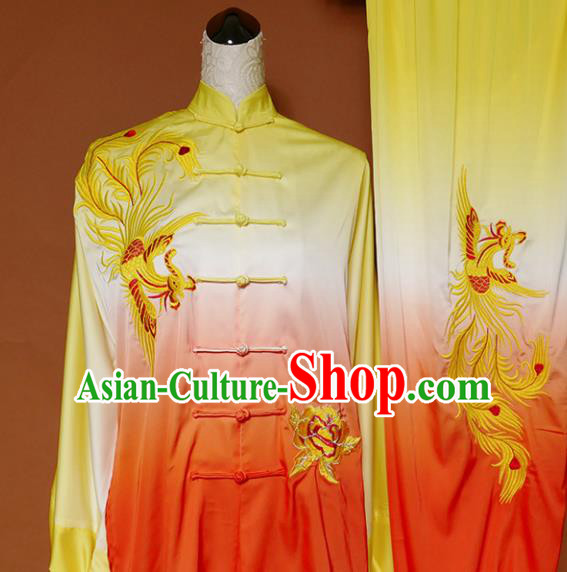 Chinese Traditional Best Martial Arts Embroidered Phoenix Orange Costume Kung Fu Competition Tai Chi Clothing for Women