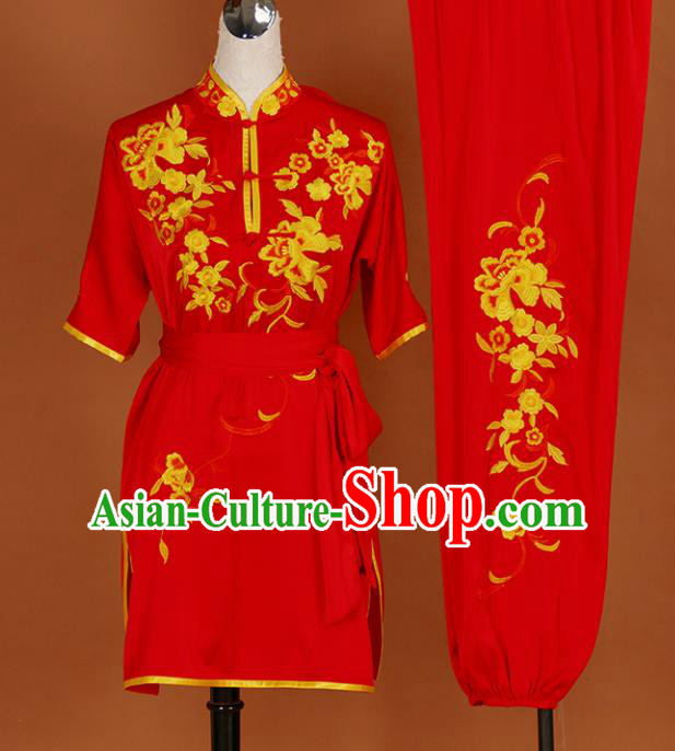 Chinese Traditional Best Martial Arts Embroidered Peony Red Costume Kung Fu Competition Tai Chi Clothing for Women