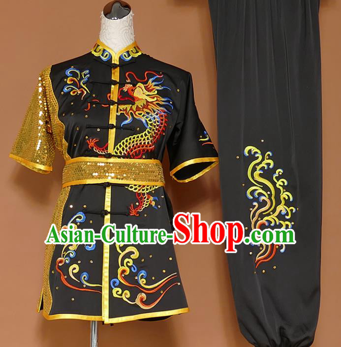 Best Martial Arts Competition Embroidered Dragon Black Uniforms Chinese Traditional Kung Fu Tai Chi Training Costume for Men