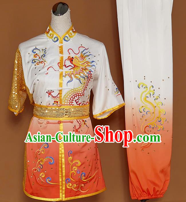 Best Martial Arts Competition Embroidered Dragon Orange Uniforms Chinese Traditional Kung Fu Tai Chi Training Costume for Men