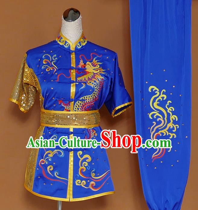 Best Martial Arts Competition Embroidered Dragon Royalblue Uniforms Chinese Traditional Kung Fu Tai Chi Training Costume for Men