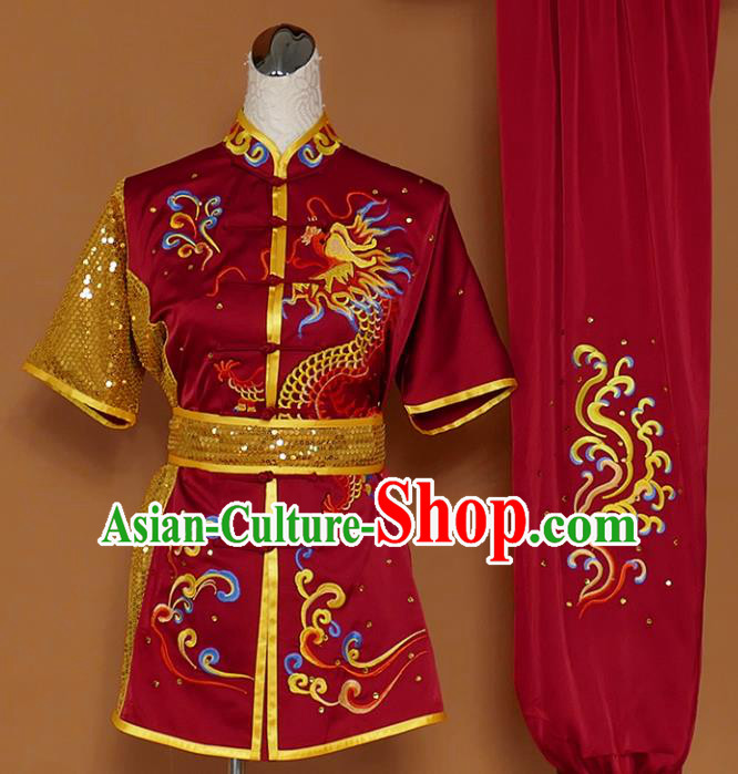 Best Martial Arts Competition Embroidered Dragon Wine Red Uniforms Chinese Traditional Kung Fu Tai Chi Training Costume for Men