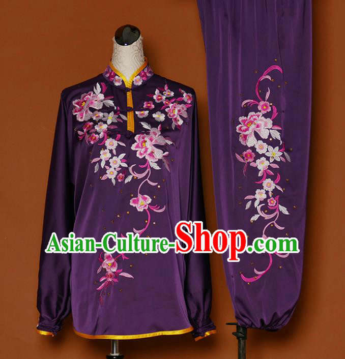 Chinese Traditional Best Martial Arts Embroidered Peony Purple Costume Kung Fu Competition Tai Chi Clothing for Women