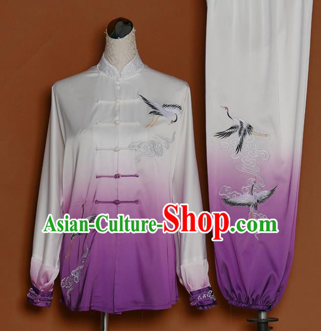 Chinese Traditional Best Martial Arts Embroidered Cranes Purple Costume Kung Fu Competition Tai Chi Clothing for Women