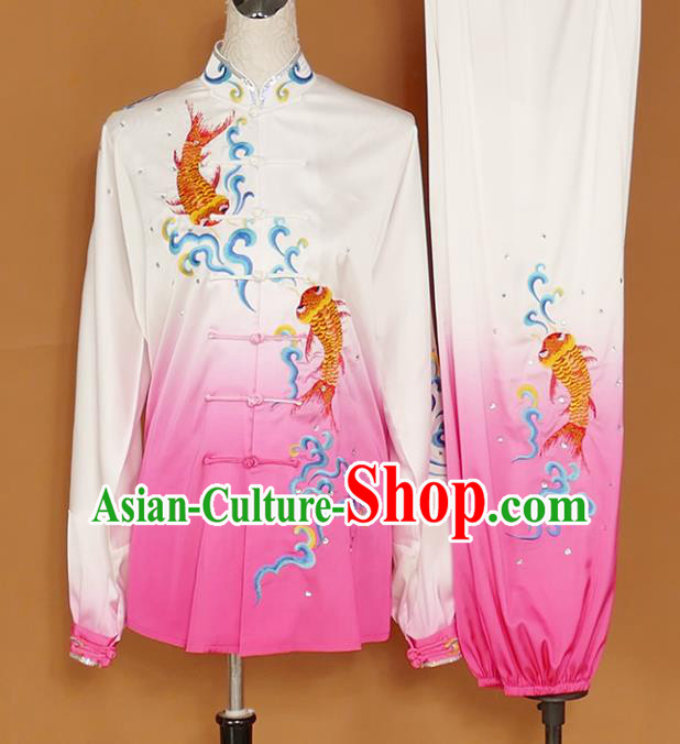 Chinese Traditional Best Martial Arts Embroidered Carp Rosy Costume Kung Fu Competition Tai Chi Clothing for Women