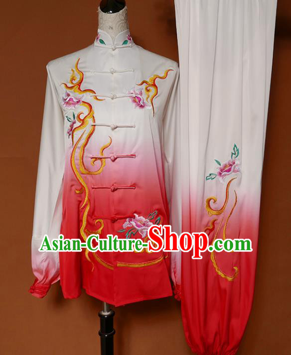 Chinese Traditional Best Martial Arts Embroidered Peony Red Costume Kung Fu Competition Tai Chi Clothing for Women