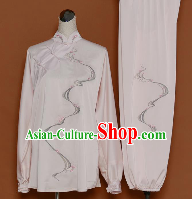 Chinese Traditional Best Martial Arts Printing Light Pink Costume Kung Fu Competition Tai Chi Clothing for Women