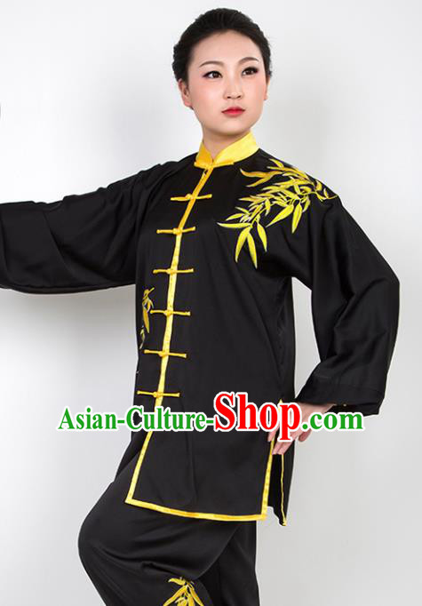 Chinese Traditional Martial Arts Embroidered Bamboo Black Costume Best Kung Fu Competition Tai Chi Training Clothing for Women