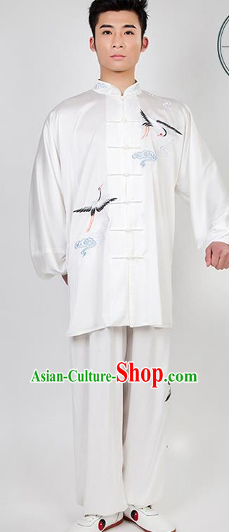 Chinese Traditional Martial Arts Competition Embroidered Crane White Costume Kung Fu Tai Chi Training Clothing for Men