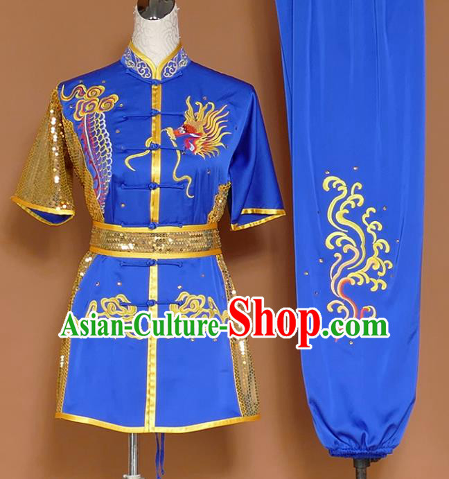 Royalblue Best Martial Arts Competition Embroidered Dragon Uniforms Chinese Traditional Kung Fu Tai Chi Training Costume for Men