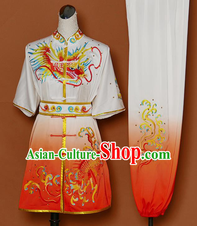 Chinese Martial Arts Competition Embroidered Dragon Orange Uniforms Traditional Kung Fu Tai Chi Training Costume for Men