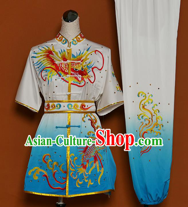 Chinese Martial Arts Competition Embroidered Dragon Blue Uniforms Traditional Kung Fu Tai Chi Training Costume for Men