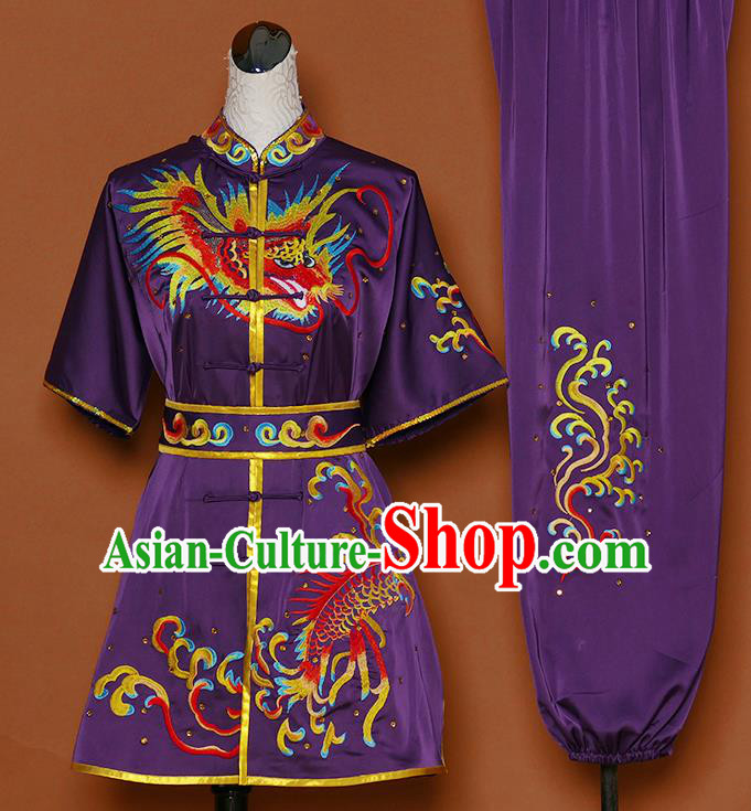 Chinese Martial Arts Competition Embroidered Dragon Purple Uniforms Traditional Kung Fu Tai Chi Training Costume for Men