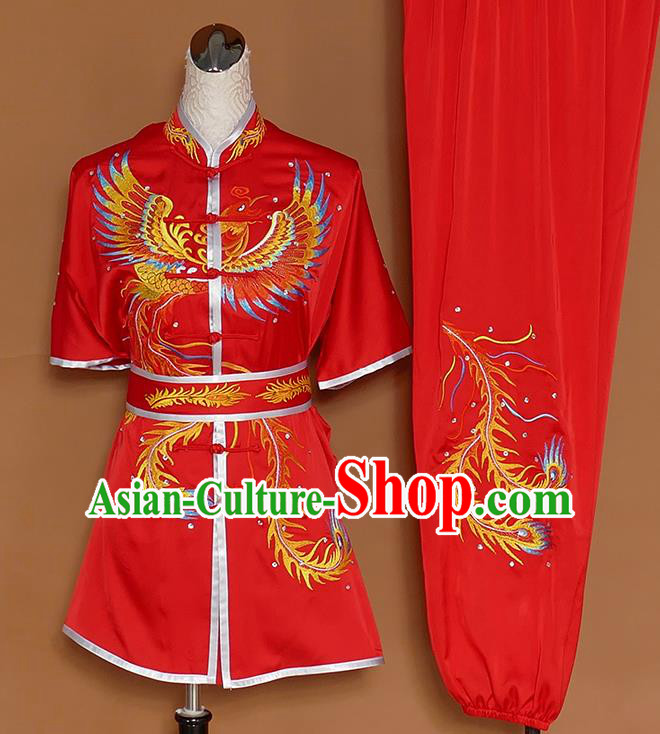Chinese Professional Martial Arts Embroidered Phoenix Red Costume Traditional Kung Fu Competition Tai Chi Clothing for Women