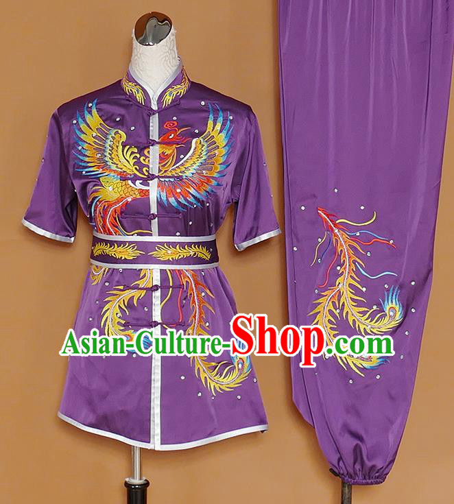 Chinese Professional Martial Arts Embroidered Phoenix Purple Costume Traditional Kung Fu Competition Tai Chi Clothing for Women