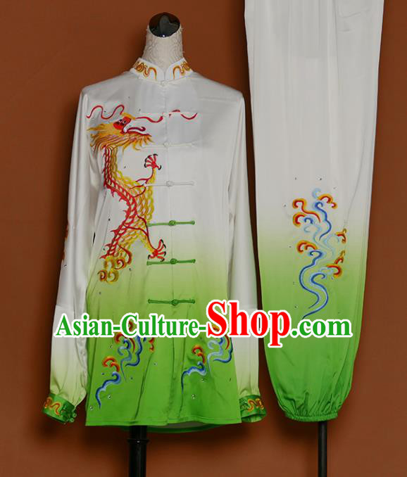 Green Best Martial Arts Competition Embroidered Dragon Uniforms Chinese Traditional Kung Fu Tai Chi Training Costume for Men