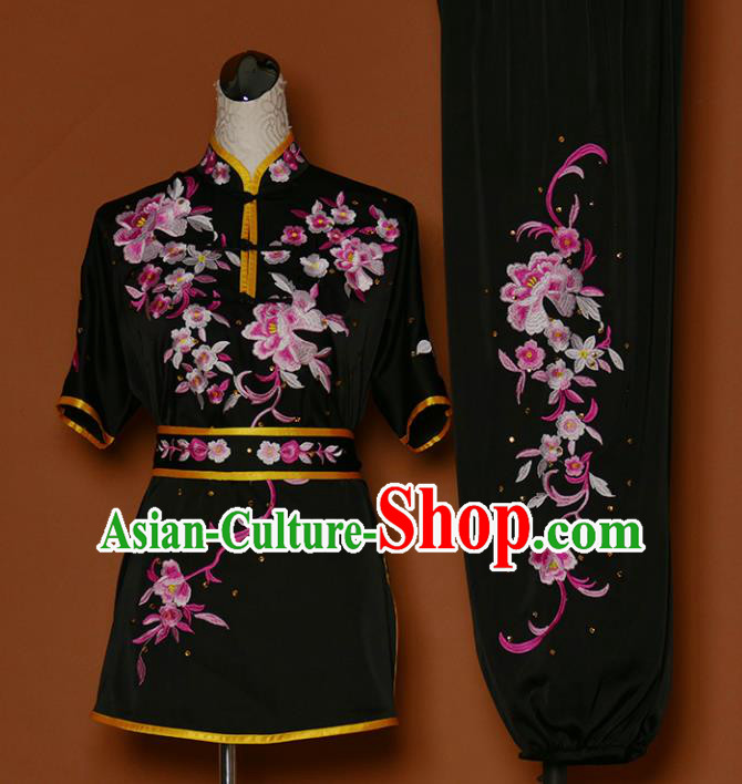 Chinese Professional Martial Arts Embroidered Peony Black Costume Traditional Kung Fu Competition Tai Chi Clothing for Women