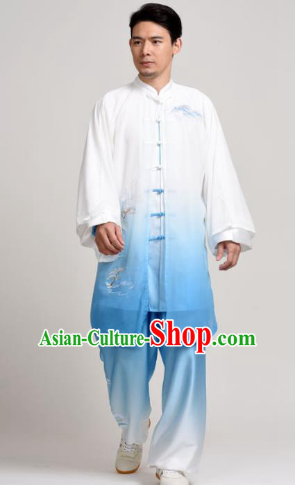 Chinese Martial Arts Competition Embroidered Landscape Blue Uniforms Traditional Kung Fu Tai Chi Training Costume for Men