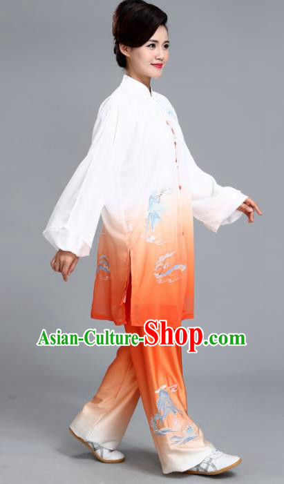 Chinese Professional Martial Arts Embroidered Landscape Orange Costume Traditional Kung Fu Competition Tai Chi Clothing for Women