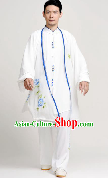 Chinese Martial Arts Competition Printing Blue Peony Uniforms Traditional Kung Fu Tai Chi Training Costume for Men
